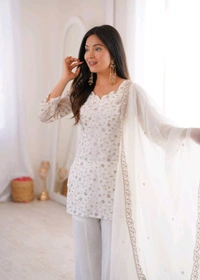 KRV DESIRE CRUNCHY SILK FABRIC WITH EMBROIDERY SEQUENCE AND JARI WORK,TOP WITH DUPPTA SET,BELL BOTTOM PENT READY TO WEAR •KB-300
- XXL, White