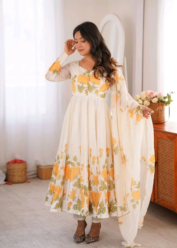KRV DESIRE PURE SOFT ORGANJA SILK FABRIC FULLY FLARE KALI PATTERN AND CANVAS PATTA WITH DUPATTA SET,PENT READY TO WEAR•NKB-78 - M