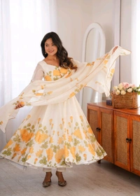 KRV DESIRE PURE SOFT ORGANJA SILK FABRIC FULLY FLARE KALI PATTERN AND CANVAS PATTA WITH DUPATTA SET,PENT READY TO WEAR•NKB-78 - L