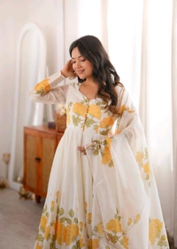 KRV DESIRE PURE SOFT ORGANJA SILK FABRIC FULLY FLARE KALI PATTERN AND CANVAS PATTA WITH DUPATTA SET,PENT READY TO WEAR•NKB-78 - XL