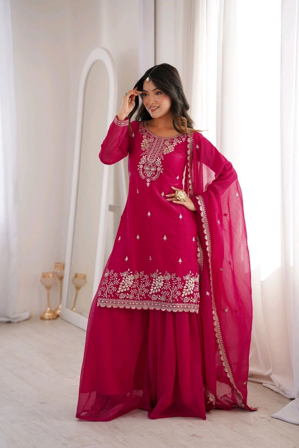 PURE SOFT CRUNCHY SILK FABRIC TOP,SHARARA WITH DUPATTA SET READY TO WEAR•KB-295 - DARK RANI, M