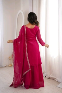 PURE SOFT CRUNCHY SILK FABRIC TOP,SHARARA WITH DUPATTA SET READY TO WEAR•KB-295 - DARK RANI, M