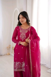 PURE SOFT CRUNCHY SILK FABRIC TOP,SHARARA WITH DUPATTA SET READY TO WEAR•KB-295 - DARK RANI, M