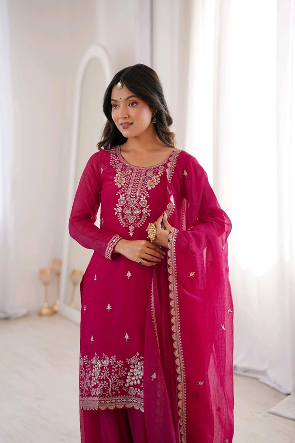 PURE SOFT CRUNCHY SILK FABRIC TOP,SHARARA WITH DUPATTA SET READY TO WEAR•KB-295 - DARK RANI, M
