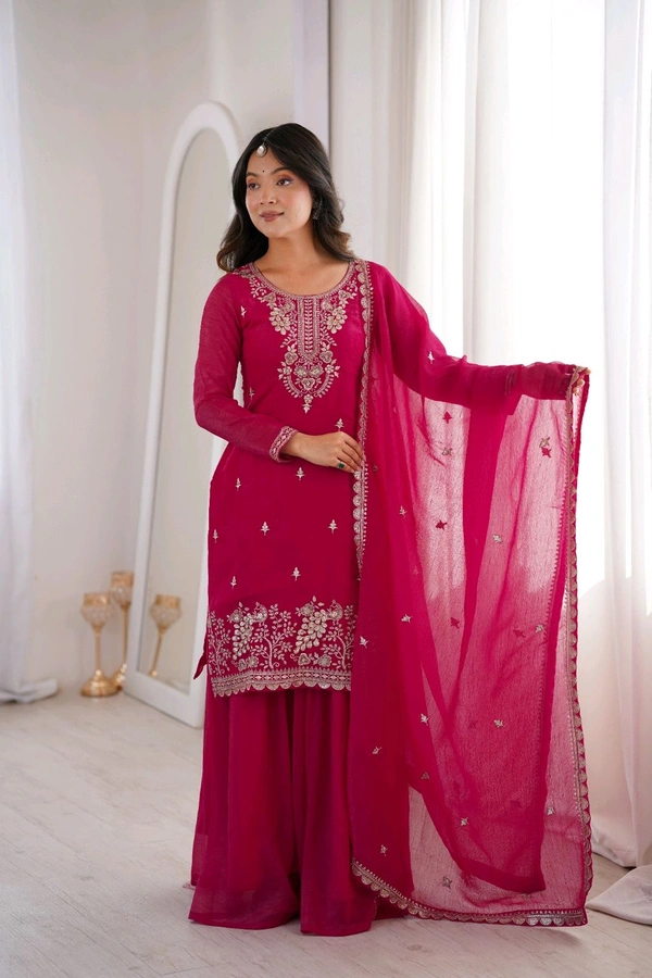 PURE SOFT CRUNCHY SILK FABRIC TOP,SHARARA WITH DUPATTA SET READY TO WEAR•KB-295 - DARK RANI, M