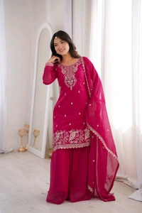 PURE SOFT CRUNCHY SILK FABRIC TOP,SHARARA WITH DUPATTA SET READY TO WEAR•KB-295 - DARK RANI, M