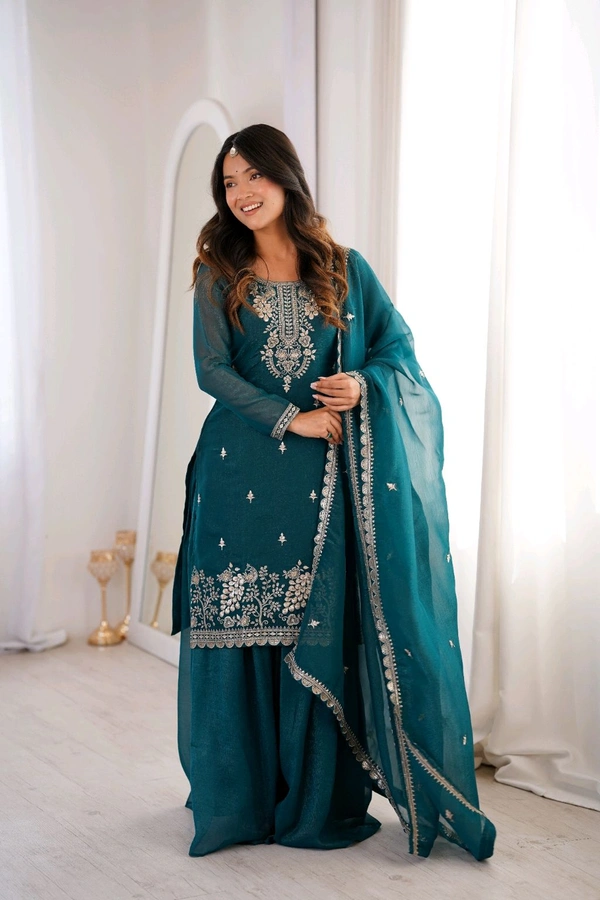PURE SOFT CRUNCHY SILK FABRIC TOP,SHARARA WITH DUPATTA SET READY TO WEAR•KB-295 - TEAL BLUE, S