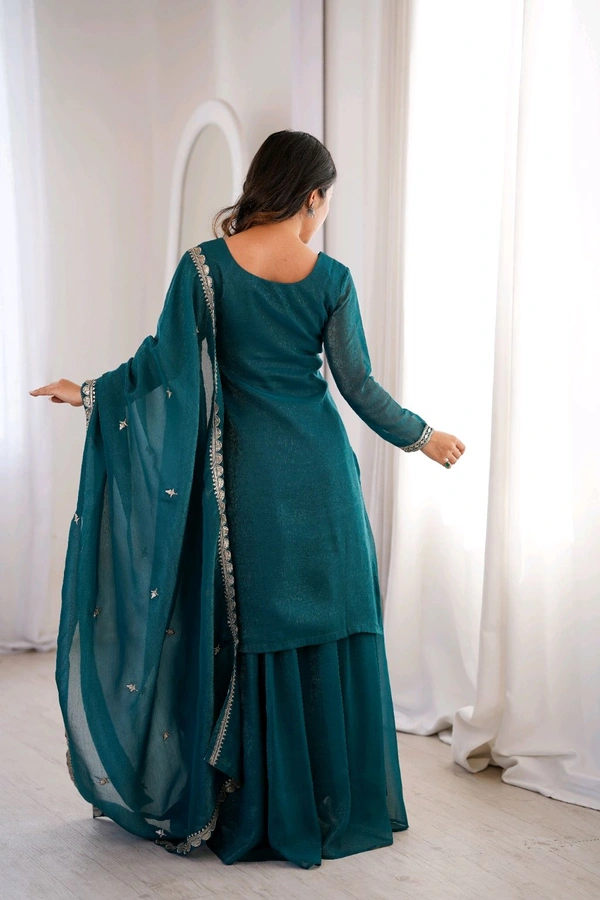 PURE SOFT CRUNCHY SILK FABRIC TOP,SHARARA WITH DUPATTA SET READY TO WEAR•KB-295 - TEAL BLUE, S