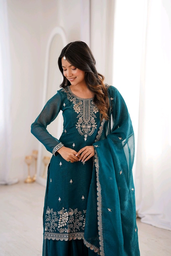 PURE SOFT CRUNCHY SILK FABRIC TOP,SHARARA WITH DUPATTA SET READY TO WEAR•KB-295 - TEAL BLUE, S