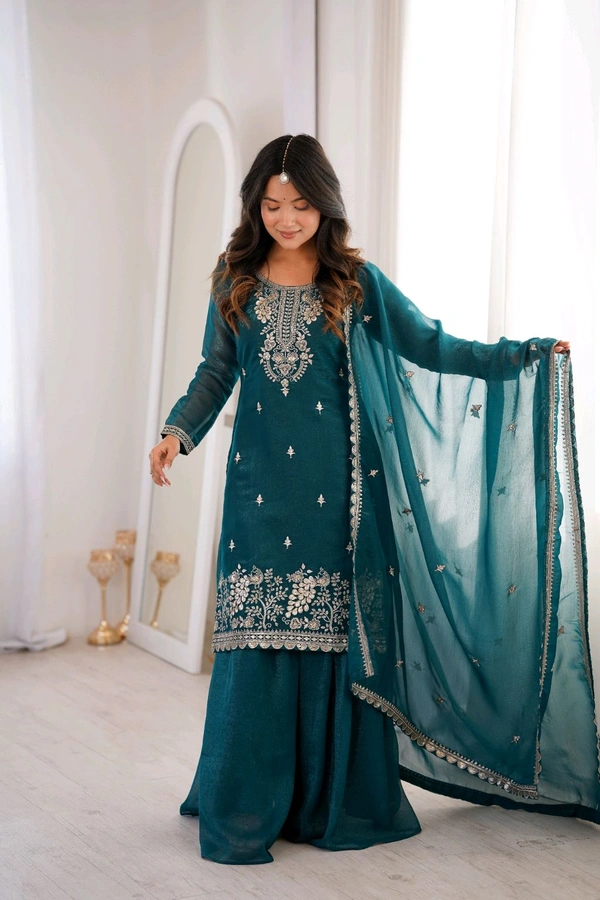 PURE SOFT CRUNCHY SILK FABRIC TOP,SHARARA WITH DUPATTA SET READY TO WEAR•KB-295 - TEAL BLUE, S