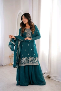 PURE SOFT CRUNCHY SILK FABRIC TOP,SHARARA WITH DUPATTA SET READY TO WEAR•KB-295 - TEAL BLUE, S