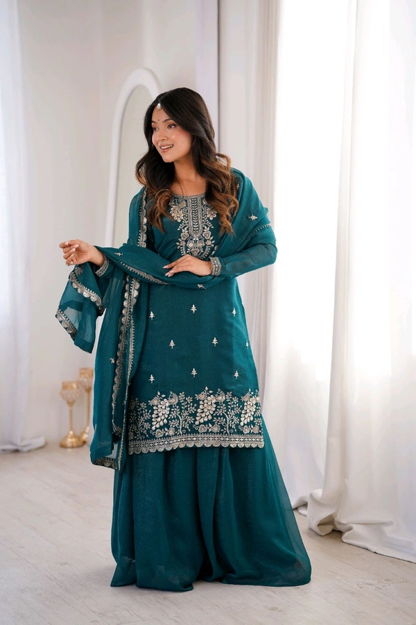 PURE SOFT CRUNCHY SILK FABRIC TOP,SHARARA WITH DUPATTA SET READY TO WEAR•KB-295 - TEAL BLUE, S