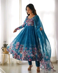 KRV DESIRE PURE SOFT ORGANJA SILK FABRIC FULLY FLAIR KALI PATTERN AND CANVAS PATTA WITH DUPPTA SET ,PENT READY TO WEAR• KB-261 - Wine, M