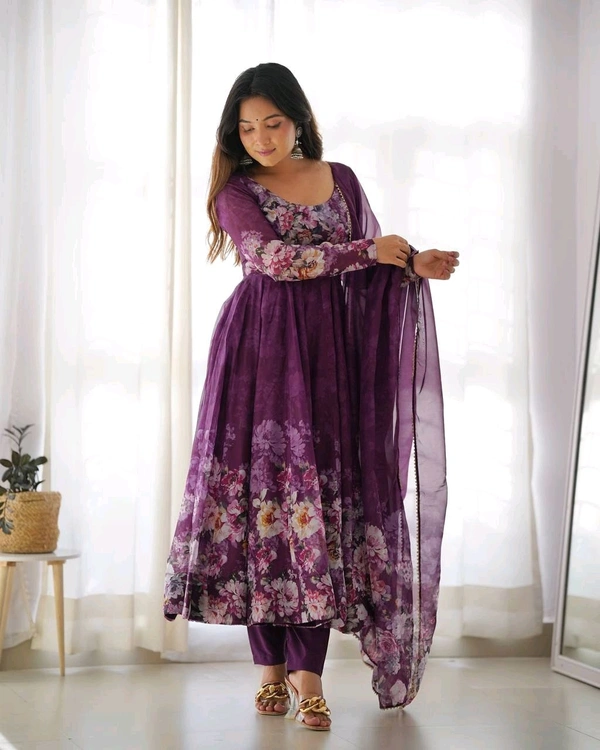 KRV DESIRE PURE SOFT ORGANJA SILK FABRIC FULLY FLAIR KALI PATTERN AND CANVAS PATTA WITH DUPPTA SET ,PENT READY TO WEAR• KB-261 - Purple, XXL