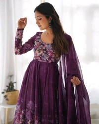KRV DESIRE PURE SOFT ORGANJA SILK FABRIC FULLY FLAIR KALI PATTERN AND CANVAS PATTA WITH DUPPTA SET ,PENT READY TO WEAR• KB-261 - Purple, XXL