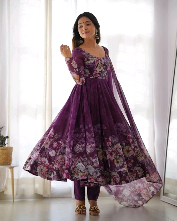 KRV DESIRE PURE SOFT ORGANJA SILK FABRIC FULLY FLAIR KALI PATTERN AND CANVAS PATTA WITH DUPPTA SET ,PENT READY TO WEAR• KB-261 - Purple, XXL