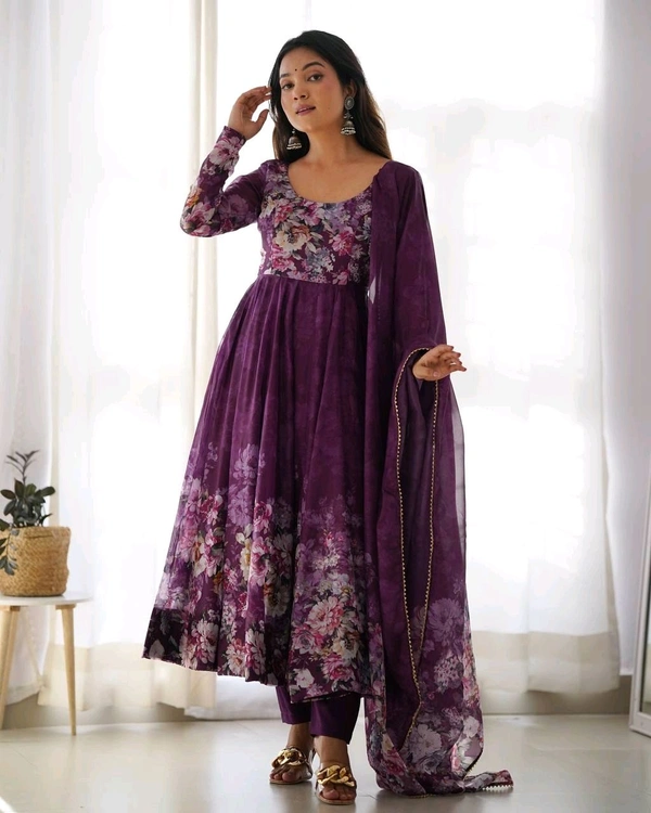 KRV DESIRE PURE SOFT ORGANJA SILK FABRIC FULLY FLAIR KALI PATTERN AND CANVAS PATTA WITH DUPPTA SET ,PENT READY TO WEAR• KB-261 - Purple, XXL
