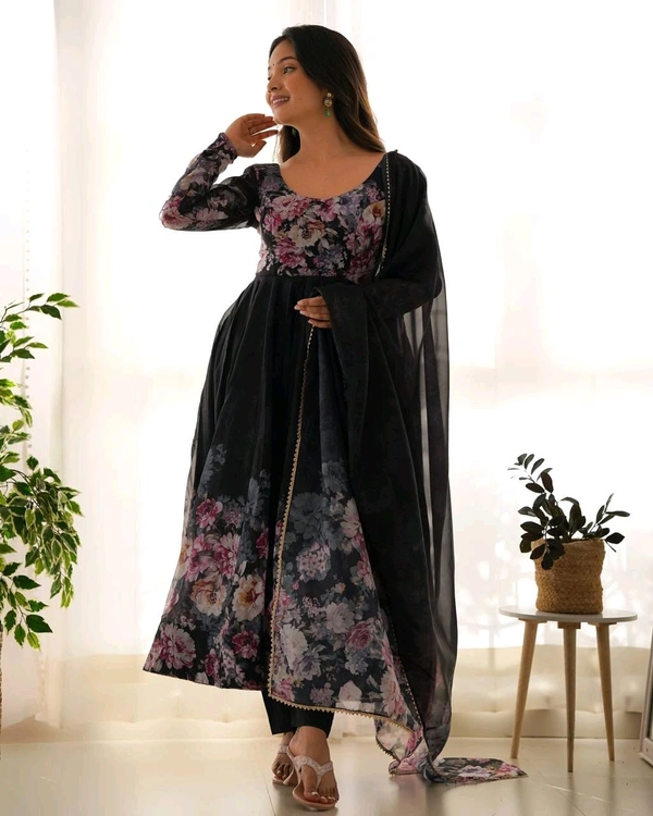 KRV DESIRE PURE SOFT ORGANJA SILK FABRIC FULLY FLAIR KALI PATTERN AND CANVAS PATTA WITH DUPPTA SET ,PENT READY TO WEAR• KB-261 - Black, M