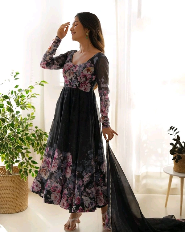 KRV DESIRE PURE SOFT ORGANJA SILK FABRIC FULLY FLAIR KALI PATTERN AND CANVAS PATTA WITH DUPPTA SET ,PENT READY TO WEAR• KB-261 - Black, M