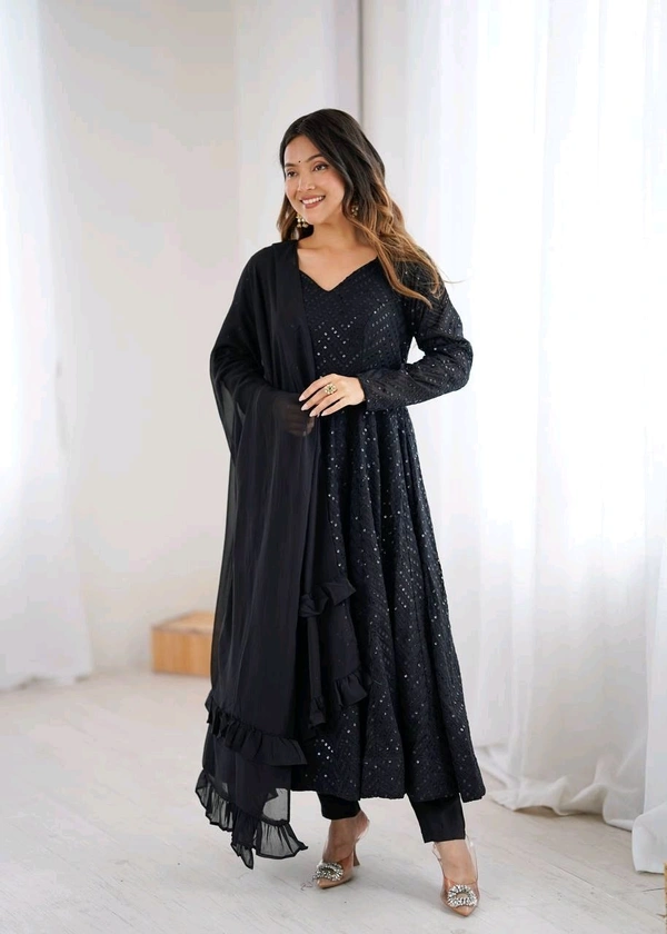 KRV DESIRE FULLY FLARE KALI PATTERN AND CANVAS PATTA WITH DUPPTA SET,PENT READY TO WEAR• NKB-55 - Black, S