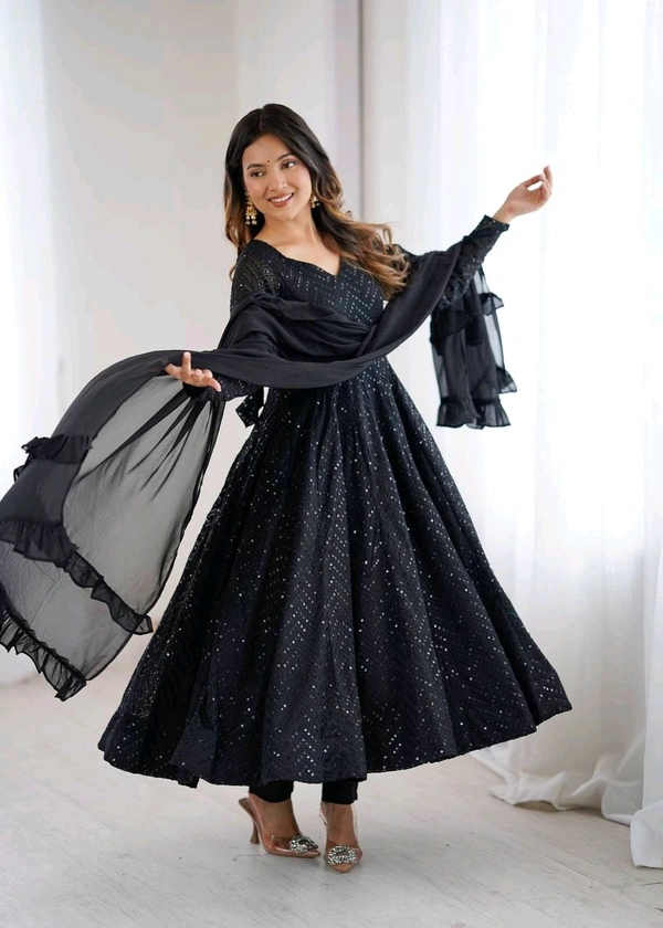 KRV DESIRE FULLY FLARE KALI PATTERN AND CANVAS PATTA WITH DUPPTA SET,PENT READY TO WEAR• NKB-55 - Black, S