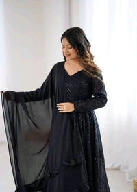KRV DESIRE FULLY FLARE KALI PATTERN AND CANVAS PATTA WITH DUPPTA SET,PENT READY TO WEAR• NKB-55 - Black, S