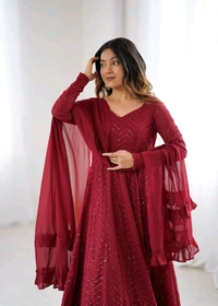 KRV DESIRE FULLY FLARE KALI PATTERN AND CANVAS PATTA WITH DUPPTA SET,PENT READY TO WEAR• NKB-55 - maroon, S