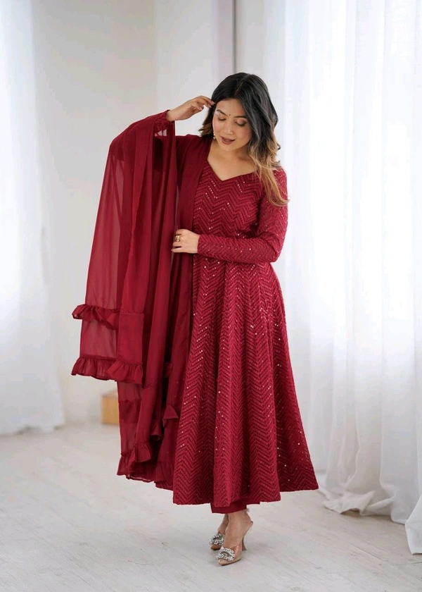 KRV DESIRE FULLY FLARE KALI PATTERN AND CANVAS PATTA WITH DUPPTA SET,PENT READY TO WEAR• NKB-55 - maroon, L
