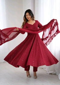 KRV DESIRE FULLY FLARE KALI PATTERN AND CANVAS PATTA WITH DUPPTA SET,PENT READY TO WEAR• NKB-55 - maroon, XL