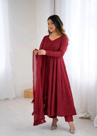KRV DESIRE FULLY FLARE KALI PATTERN AND CANVAS PATTA WITH DUPPTA SET,PENT READY TO WEAR• NKB-55 - maroon, XL