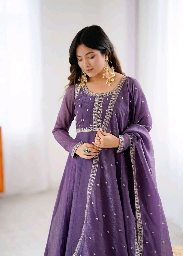 KRV DESIRE PREMIUM QUALITY PURE CRUNCHY SILK FABRIC FULLY FLARE ANARKALI GOWN,PENT WITH DUPPTA SET READY TO WEAR• NKB-64 - L