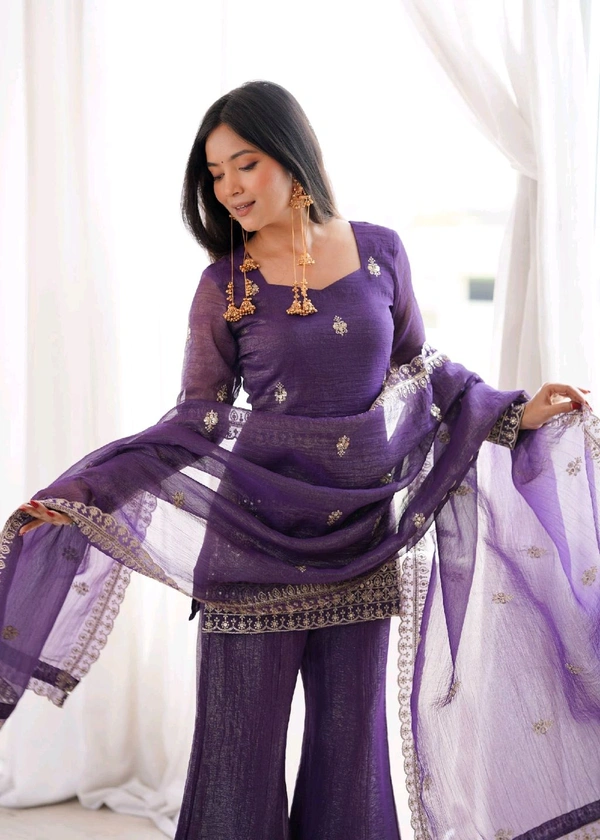 KRV DESIRE CRUNCHY SILK FABRIC WITH EMBROIDERY SEQUENCE AND JARI WORK,TOP WITH DUPPTA SET,BELL BOTTOM PENT READY TO WEAR•KB-301 - S