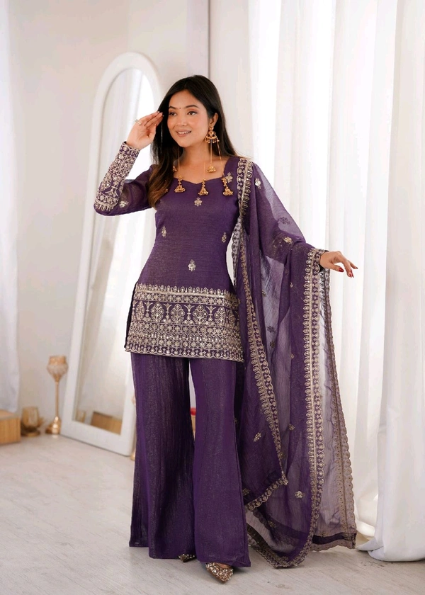 KRV DESIRE CRUNCHY SILK FABRIC WITH EMBROIDERY SEQUENCE AND JARI WORK,TOP WITH DUPPTA SET,BELL BOTTOM PENT READY TO WEAR•KB-301 - M