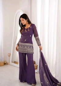 KRV DESIRE CRUNCHY SILK FABRIC WITH EMBROIDERY SEQUENCE AND JARI WORK,TOP WITH DUPPTA SET,BELL BOTTOM PENT READY TO WEAR•KB-301 - M