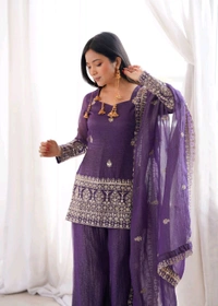 KRV DESIRE CRUNCHY SILK FABRIC WITH EMBROIDERY SEQUENCE AND JARI WORK,TOP WITH DUPPTA SET,BELL BOTTOM PENT READY TO WEAR•KB-301 - M