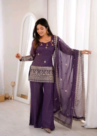 KRV DESIRE CRUNCHY SILK FABRIC WITH EMBROIDERY SEQUENCE AND JARI WORK,TOP WITH DUPPTA SET,BELL BOTTOM PENT READY TO WEAR•KB-301 - XXL