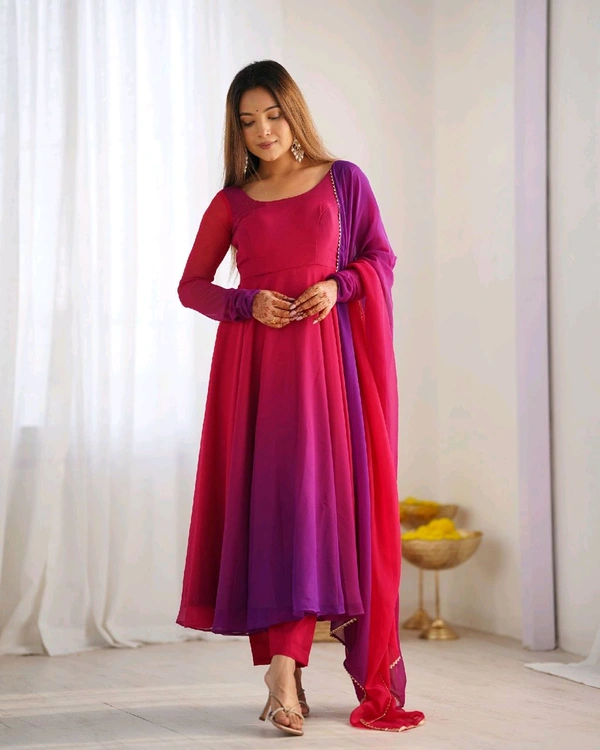 PURE SOFT FOX GEORGETTE MOST TRENDY PADDING FABRIC FULLY FLARE ANARKALI,WITH DUPPTA SET,PENT READY TO WEAR• NKB-51 - Dark pink, M