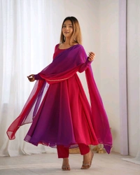PURE SOFT FOX GEORGETTE MOST TRENDY PADDING FABRIC FULLY FLARE ANARKALI,WITH DUPPTA SET,PENT READY TO WEAR• NKB-51 - Dark pink, M