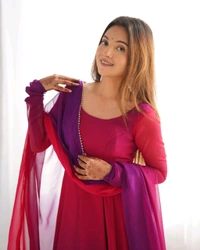 PURE SOFT FOX GEORGETTE MOST TRENDY PADDING FABRIC FULLY FLARE ANARKALI,WITH DUPPTA SET,PENT READY TO WEAR• NKB-51 - Dark pink, L