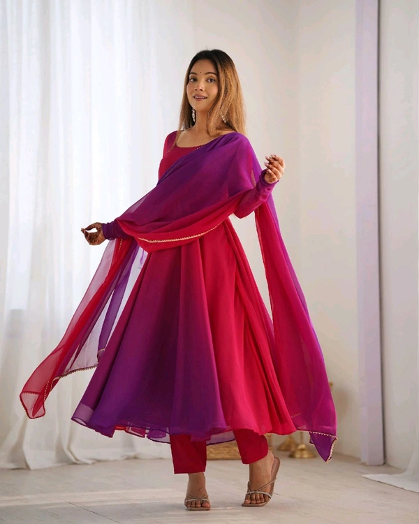 PURE SOFT FOX GEORGETTE MOST TRENDY PADDING FABRIC FULLY FLARE ANARKALI,WITH DUPPTA SET,PENT READY TO WEAR• NKB-51 - Dark pink, L