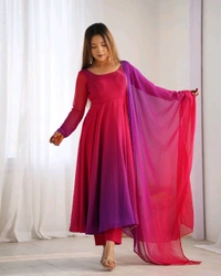 PURE SOFT FOX GEORGETTE MOST TRENDY PADDING FABRIC FULLY FLARE ANARKALI,WITH DUPPTA SET,PENT READY TO WEAR• NKB-51 - Dark pink, L