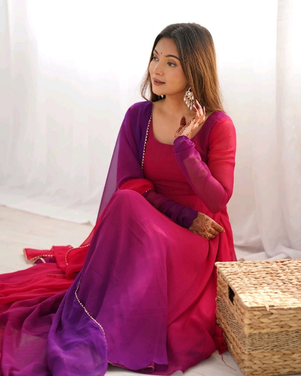 PURE SOFT FOX GEORGETTE MOST TRENDY PADDING FABRIC FULLY FLARE ANARKALI,WITH DUPPTA SET,PENT READY TO WEAR• NKB-51 - Dark pink, L