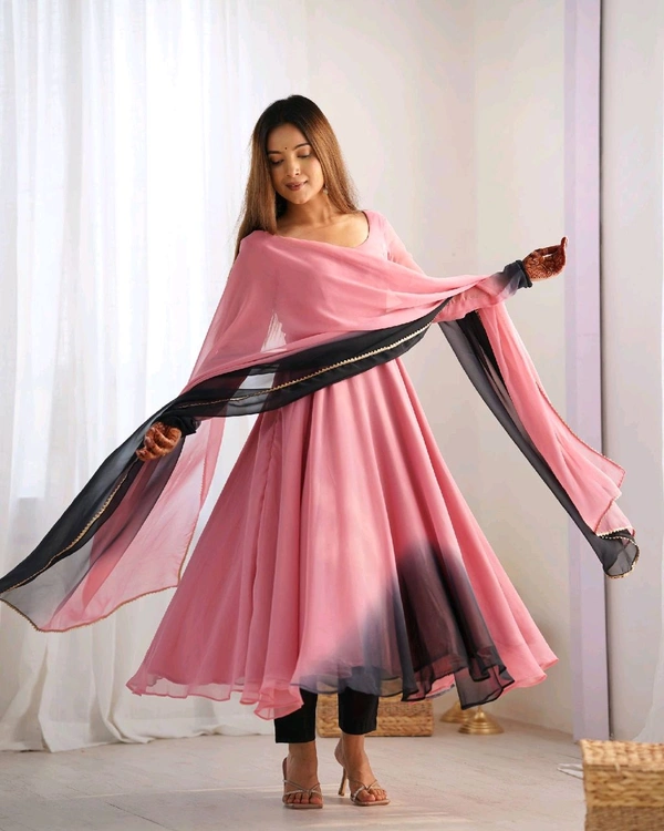 PURE SOFT FOX GEORGETTE MOST TRENDY PADDING FABRIC FULLY FLARE ANARKALI,WITH DUPPTA SET,PENT READY TO WEAR• NKB-51 - Onion Pink, S