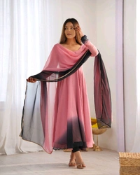 PURE SOFT FOX GEORGETTE MOST TRENDY PADDING FABRIC FULLY FLARE ANARKALI,WITH DUPPTA SET,PENT READY TO WEAR• NKB-51 - Onion Pink, S