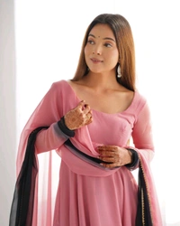 PURE SOFT FOX GEORGETTE MOST TRENDY PADDING FABRIC FULLY FLARE ANARKALI,WITH DUPPTA SET,PENT READY TO WEAR• NKB-51 - Onion Pink, M