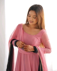 PURE SOFT FOX GEORGETTE MOST TRENDY PADDING FABRIC FULLY FLARE ANARKALI,WITH DUPPTA SET,PENT READY TO WEAR• NKB-51 - Onion Pink, M