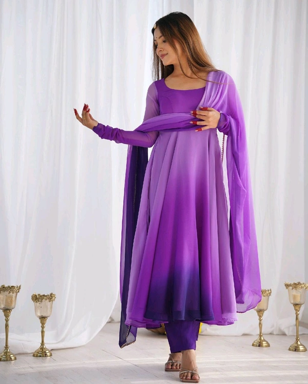 PURE SOFT FOX GEORGETTE MOST TRENDY PADDING FABRIC FULLY FLARE ANARKALI,WITH DUPPTA SET,PENT READY TO WEAR• NKB-51 - Purple, S
