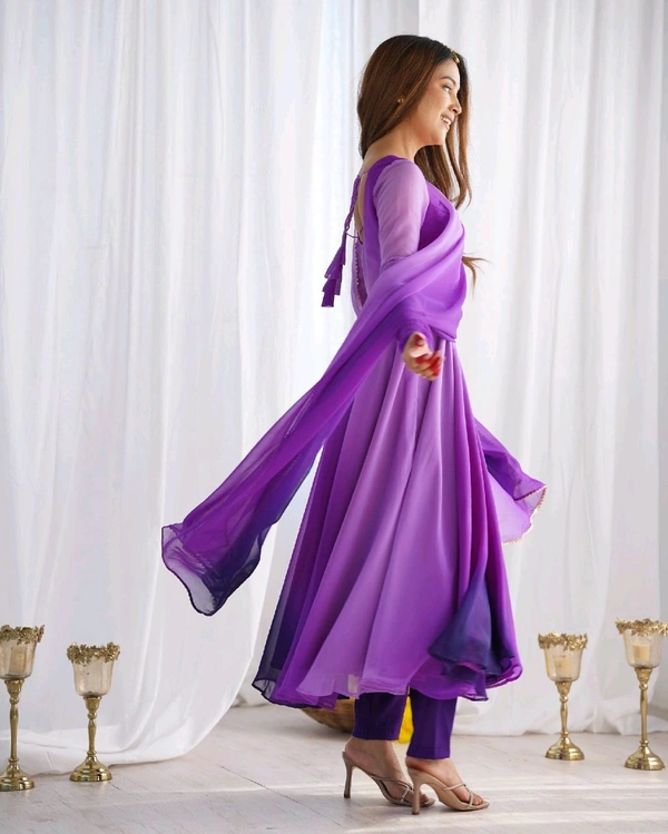 PURE SOFT FOX GEORGETTE MOST TRENDY PADDING FABRIC FULLY FLARE ANARKALI,WITH DUPPTA SET,PENT READY TO WEAR• NKB-51 - Purple, S