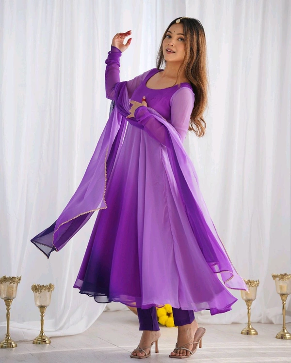 PURE SOFT FOX GEORGETTE MOST TRENDY PADDING FABRIC FULLY FLARE ANARKALI,WITH DUPPTA SET,PENT READY TO WEAR• NKB-51 - Purple, L
