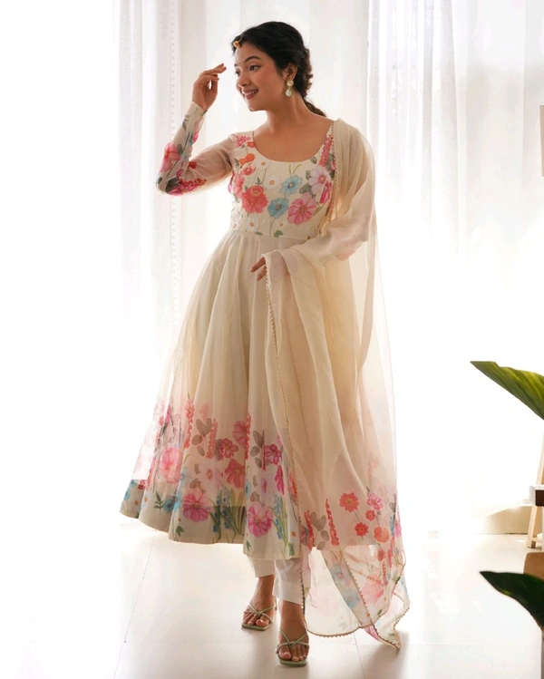 SOFT ORGANJA SILK FABRIC FULLY FLAIR KALI PATTERN AND CANVAS PATTA WITH DUPPTA SET• NKB-25 - White, M
